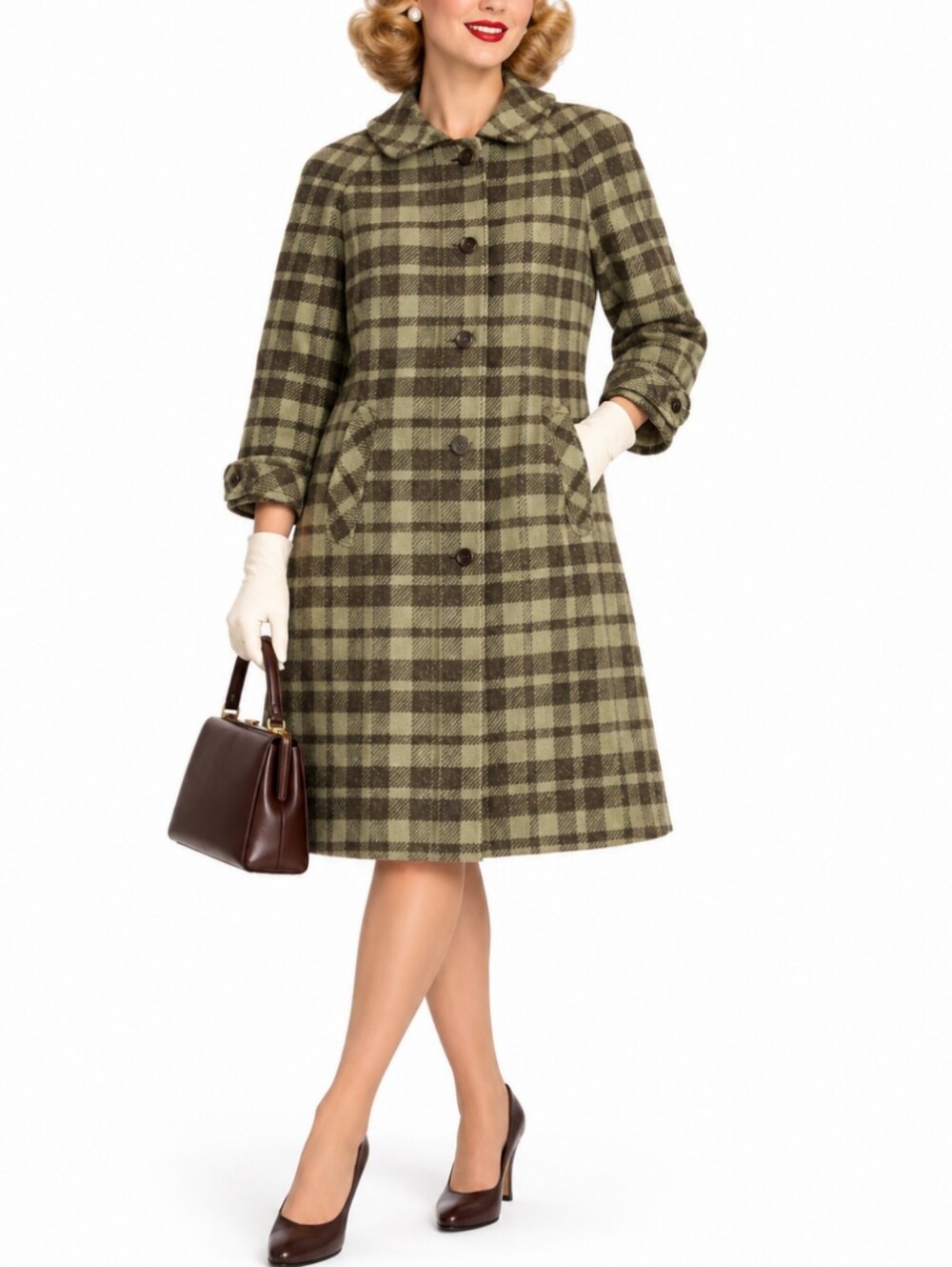 Vintage 60s Pendleton Wool Pea Coat Size S Plaid Green Brown Mod Dark Academia
